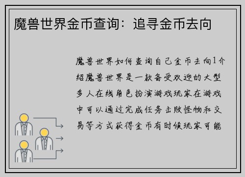魔兽世界金币查询：追寻金币去向